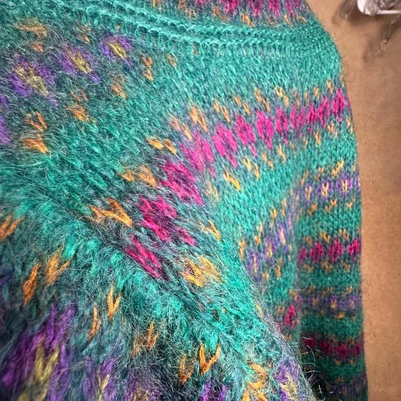 Vintage 80s Michelle Stuart Mohair Wool Fair Isle Sweater‎ Teal Woman Sz M - Picture 13 of 16